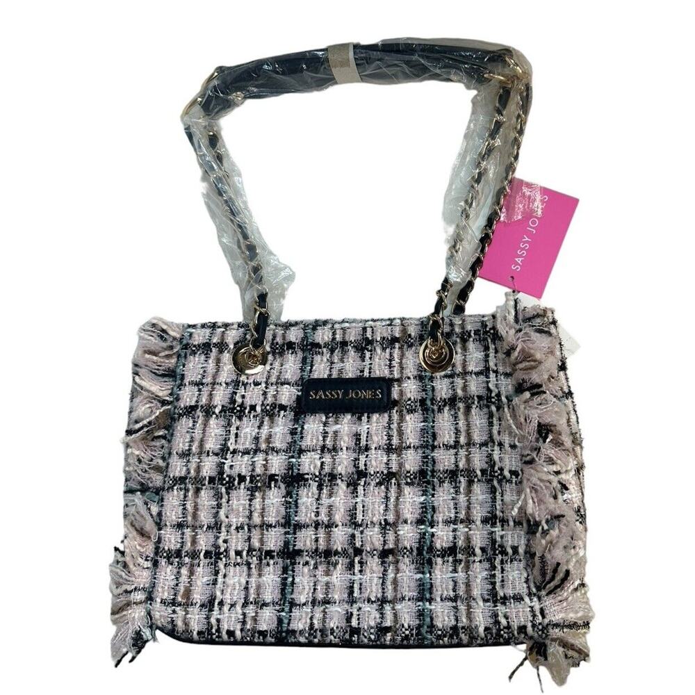 Sassy Jones Pink Black Tweed Fringe Status Handbag Purse Tote Chain Strap NEW